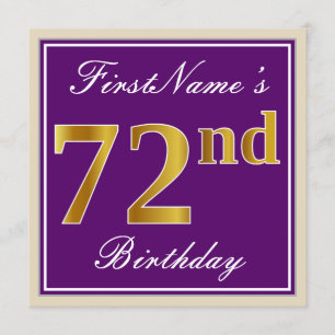 Elegant, Purple, Faux Gold 72nd Birthday + Name Invitation