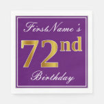 [ Thumbnail: Elegant Purple, Faux Gold 72nd Birthday + Name Napkins ]