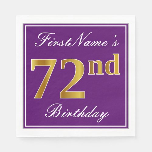 Elegant Purple Faux Gold 72nd Birthday  Name Paper Napkins