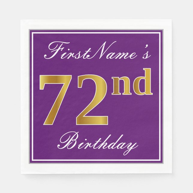 Elegant Purple, Faux Gold 72nd Birthday + Name Paper Napkins (Front)