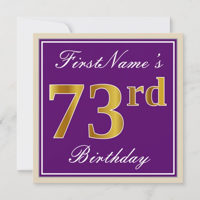 Elegant, Purple, Faux Gold 73rd Birthday + Name Invitation (Front)