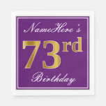 [ Thumbnail: Elegant Purple, Faux Gold 73rd Birthday + Name Napkins ]