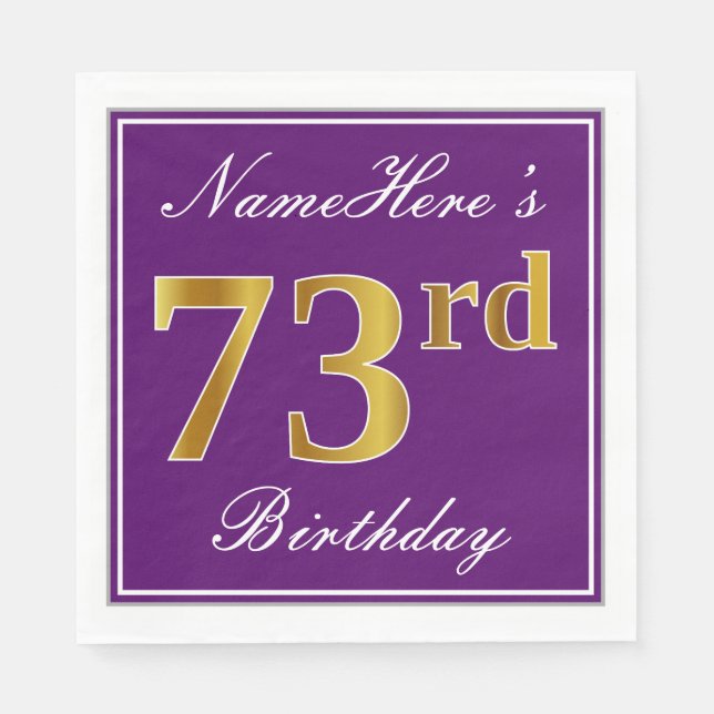 Elegant Purple, Faux Gold 73rd Birthday + Name Paper Napkins (Front)