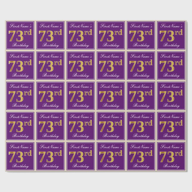 Elegant, Purple, Faux Gold 73rd Birthday + Name Wrapping Paper (Flat)