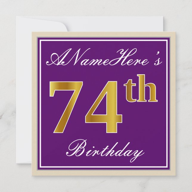 Elegant, Purple, Faux Gold 74th Birthday + Name Invitation (Front)
