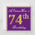 [ Thumbnail: Elegant, Purple, Faux Gold 74th Birthday + Name Invitation ]
