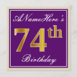 [ Thumbnail: Elegant, Purple, Faux Gold 74th Birthday + Name Invitation ]