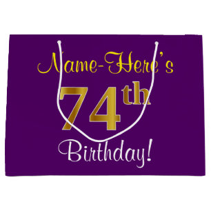 Elegant, Purple, Faux Gold 74th Birthday + Name Large Gift Bag