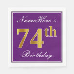 [ Thumbnail: Elegant Purple, Faux Gold 74th Birthday + Name Napkins ]
