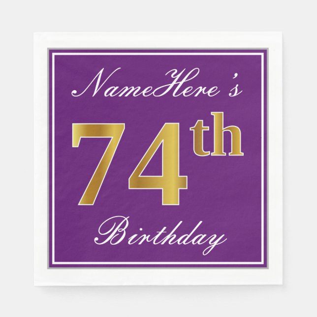 Elegant Purple, Faux Gold 74th Birthday + Name Paper Napkins (Front)