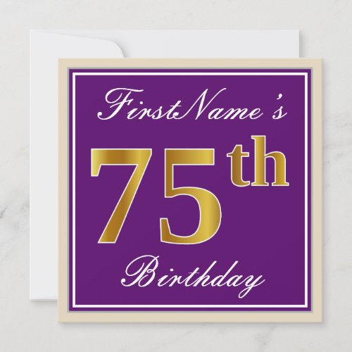 Elegant Purple Faux Gold 75th Birthday  Name Invitation