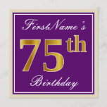 [ Thumbnail: Elegant, Purple, Faux Gold 75th Birthday + Name Invitation ]