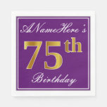 [ Thumbnail: Elegant Purple, Faux Gold 75th Birthday + Name Napkins ]