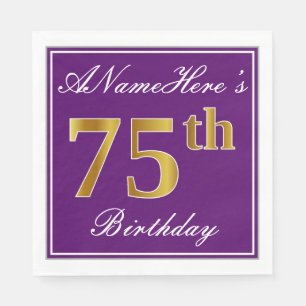 Elegant Purple, Faux Gold 75th Birthday + Name Paper Napkins