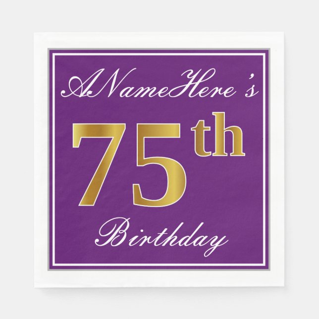 Elegant Purple, Faux Gold 75th Birthday + Name Paper Napkins (Front)