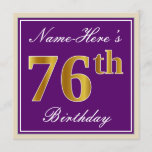 [ Thumbnail: Elegant, Purple, Faux Gold 76th Birthday + Name Invitation ]