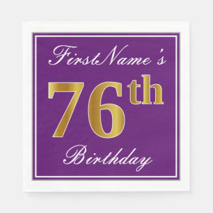 Elegant Purple, Faux Gold 76th Birthday + Name Paper Napkins
