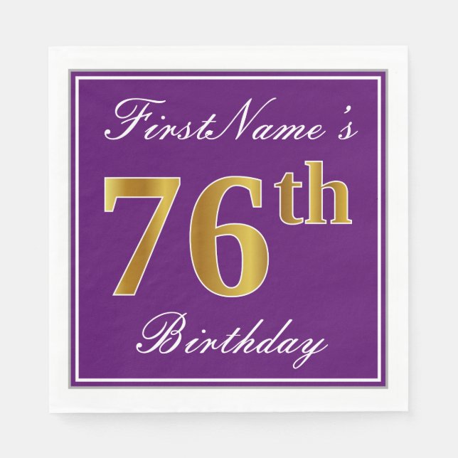 Elegant Purple, Faux Gold 76th Birthday + Name Paper Napkins (Front)