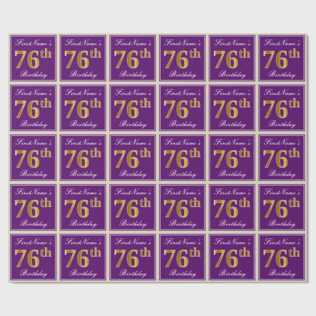 Elegant, Purple, Faux Gold 76th Birthday + Name Wrapping Paper (Flat)