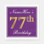 [ Thumbnail: Elegant Purple, Faux Gold 77th Birthday + Name Napkins ]