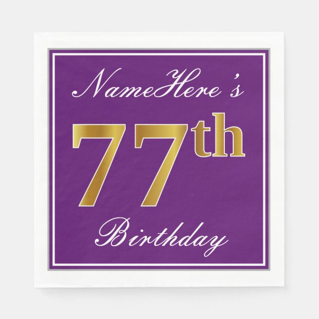 Elegant Purple, Faux Gold 77th Birthday + Name Napkins (Front)
