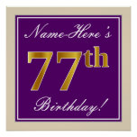 [ Thumbnail: Elegant, Purple, Faux Gold 77th Birthday + Name Poster ]