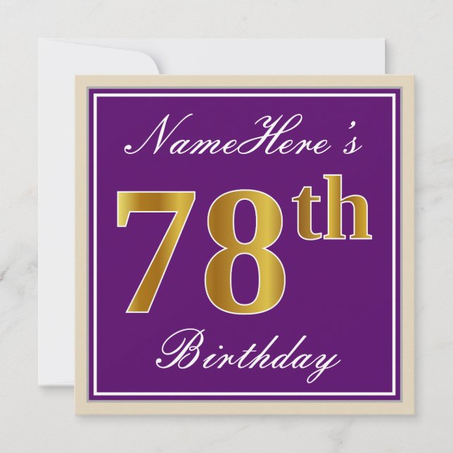 Elegant, Purple, Faux Gold 78th Birthday + Name Invitation (Front)