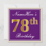 [ Thumbnail: Elegant, Purple, Faux Gold 78th Birthday + Name Invitation ]