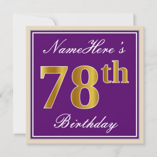 Elegant, Purple, Faux Gold 78th Birthday + Name Invitation