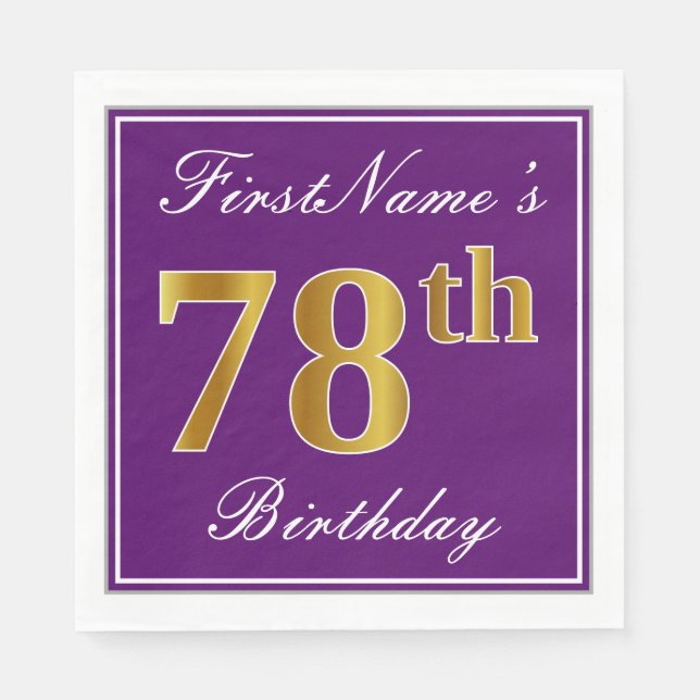 Elegant Purple, Faux Gold 78th Birthday + Name Paper Napkins (Front)