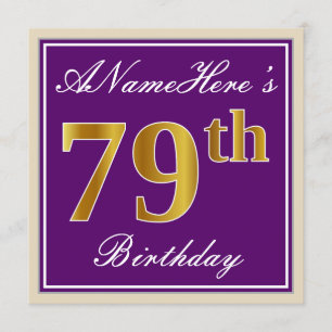 Elegant, Purple, Faux Gold 79th Birthday + Name Invitation