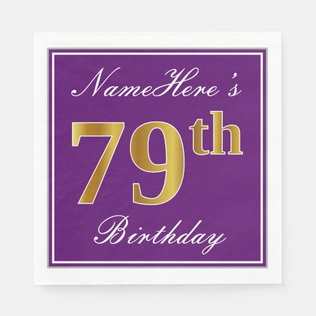 Elegant Purple, Faux Gold 79th Birthday + Name Paper Napkins (Front)