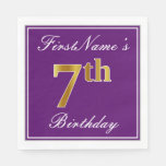 [ Thumbnail: Elegant Purple, Faux Gold 7th Birthday + Name Napkins ]