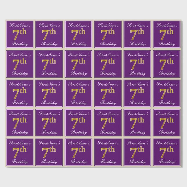 Elegant, Purple, Faux Gold 7th Birthday + Name Wrapping Paper (Flat)