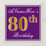 [ Thumbnail: Elegant, Purple, Faux Gold 80th Birthday + Name Invitation ]