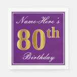 [ Thumbnail: Elegant Purple, Faux Gold 80th Birthday + Name Napkins ]