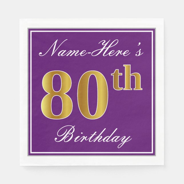 Elegant Purple, Faux Gold 80th Birthday + Name Napkins (Front)