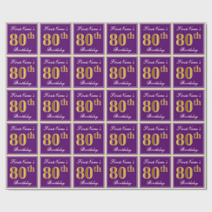 Elegant, Purple, Faux Gold 80th Birthday + Name Wrapping Paper