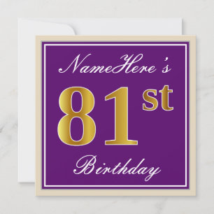 Elegant, Purple, Faux Gold 81st Birthday + Name Invitation