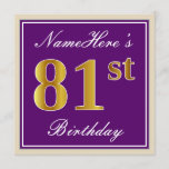 [ Thumbnail: Elegant, Purple, Faux Gold 81st Birthday + Name Invitation ]
