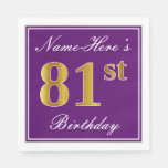 [ Thumbnail: Elegant Purple, Faux Gold 81st Birthday + Name Napkins ]