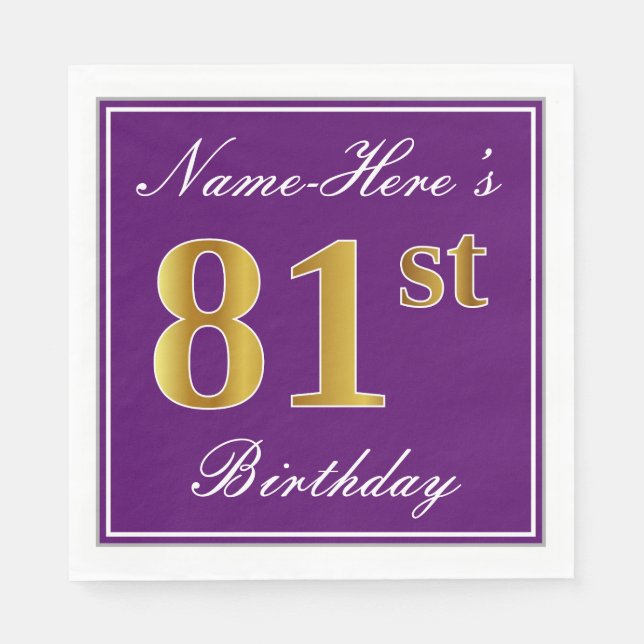Elegant Purple, Faux Gold 81st Birthday + Name Napkins (Front)