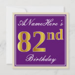 [ Thumbnail: Elegant, Purple, Faux Gold 82nd Birthday + Name Invitation ]