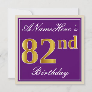 Elegant, Purple, Faux Gold 82nd Birthday + Name Invitation