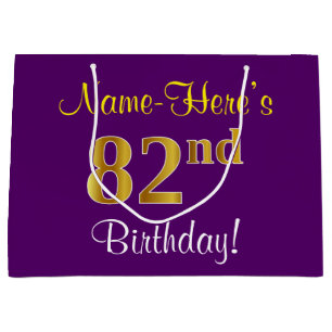 Elegant, Purple, Faux Gold 82nd Birthday + Name Large Gift Bag