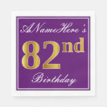 [ Thumbnail: Elegant Purple, Faux Gold 82nd Birthday + Name Paper Napkin ]