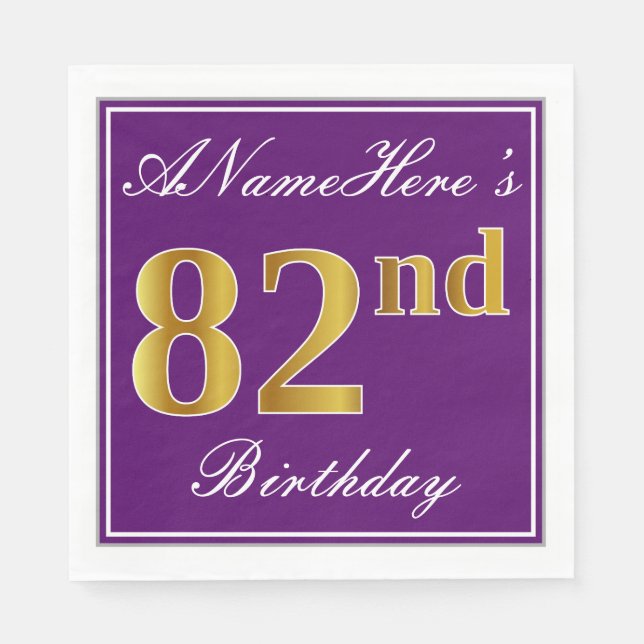 Elegant Purple, Faux Gold 82nd Birthday + Name Paper Napkins (Front)