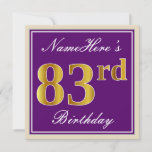 [ Thumbnail: Elegant, Purple, Faux Gold 83rd Birthday + Name Invitation ]