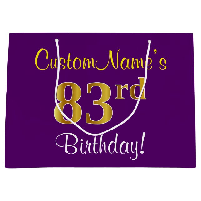 Elegant, Purple, Faux Gold 83rd Birthday + Name Large Gift Bag (Front)