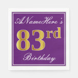 [ Thumbnail: Elegant Purple, Faux Gold 83rd Birthday + Name Napkins ]